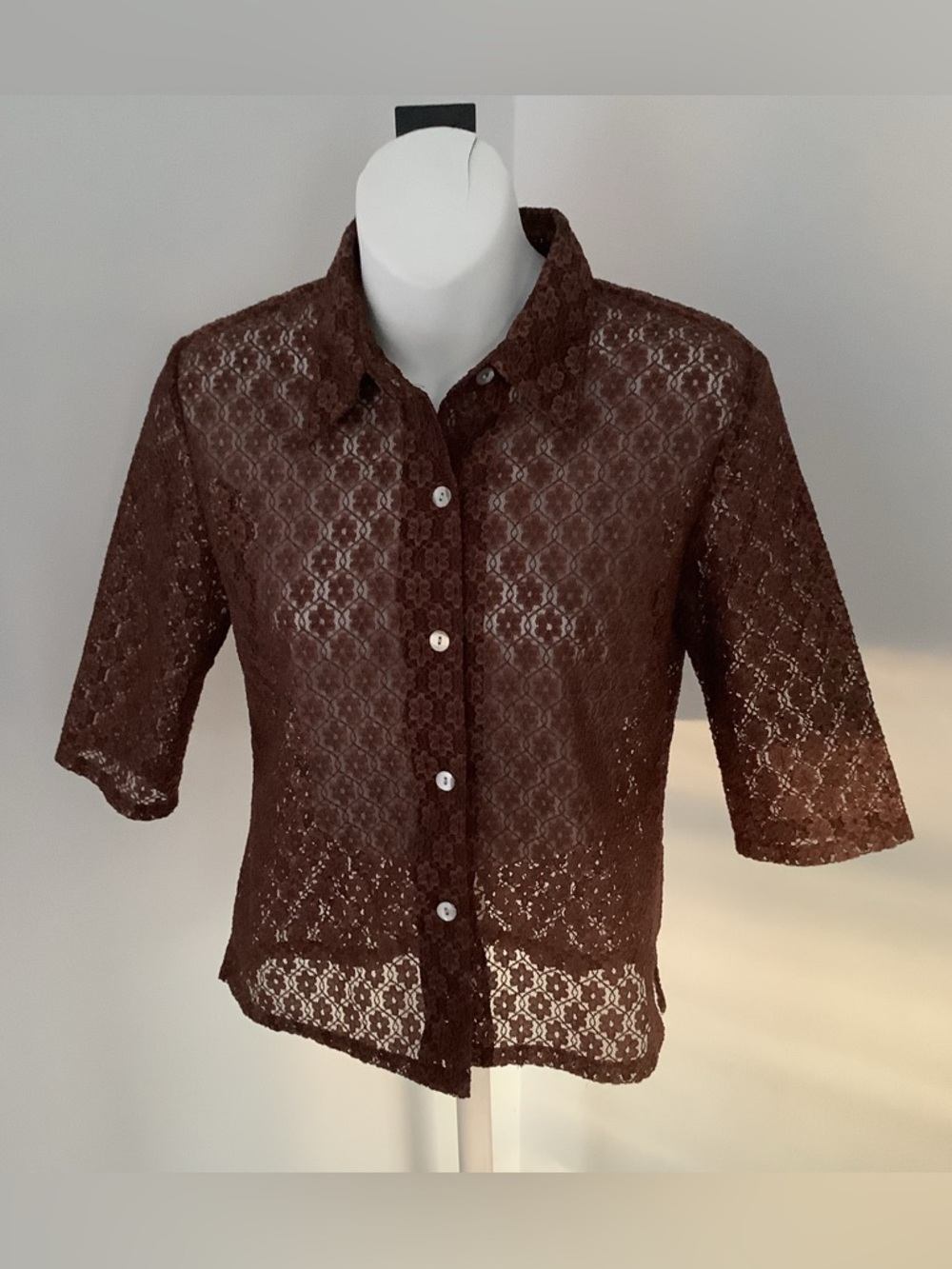 Vintage Alia For Cinderella Brown Lace Button-Down Collared Top Sz. XS